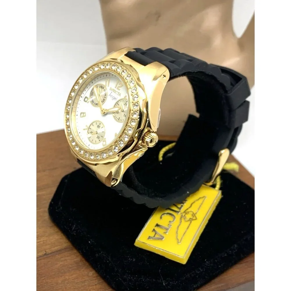 Invicta Women's Watch 1643 Angel Quartz White Dial Gold Black Rubber Strap 38mm